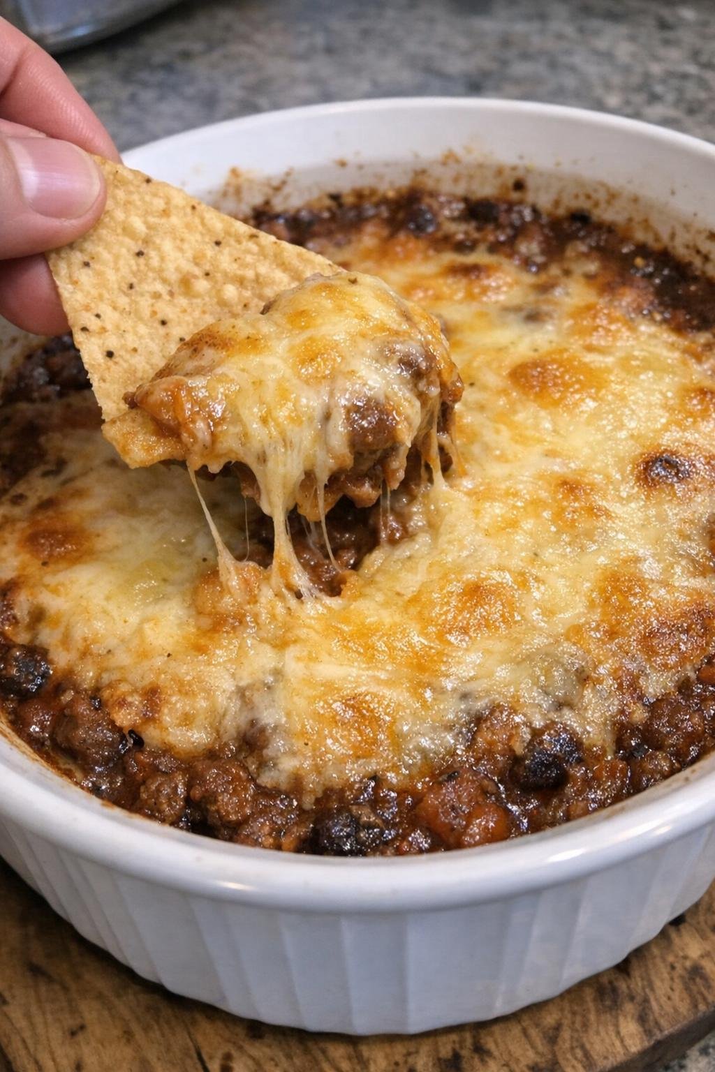 Close-up of 4-ingredient chili Ogden dip in a white ceramic casserole dish