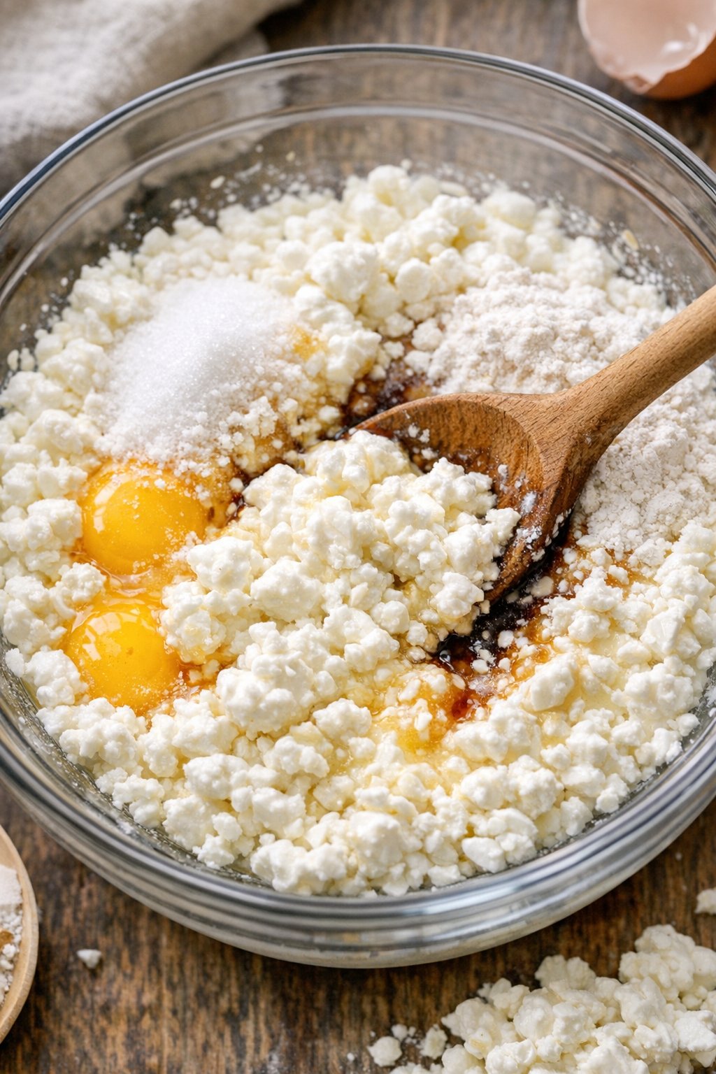Cottage cheese mixture being stirred in a bowl