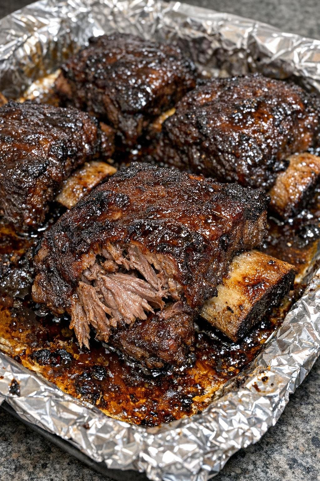 Caramelized brown sugar glazed beef short ribs in a foil-lined baking sheet