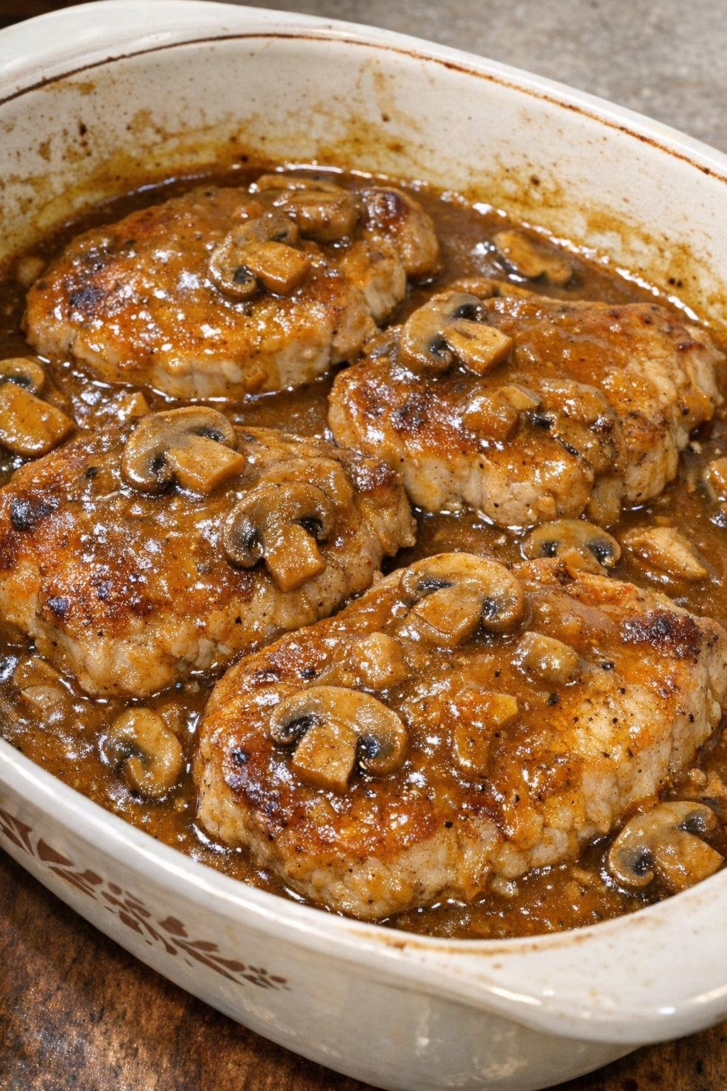 Pork chops in mushroom gravy in a vintage casserole dish