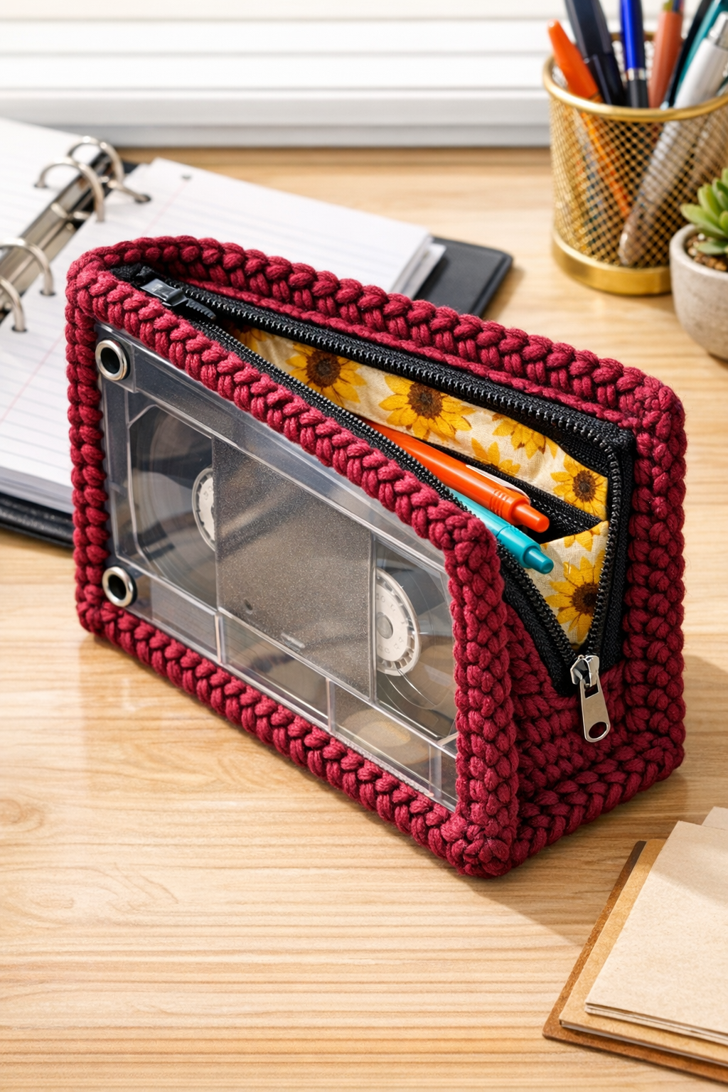 Finished burgundy crochet binder pouch made from a VHS case
