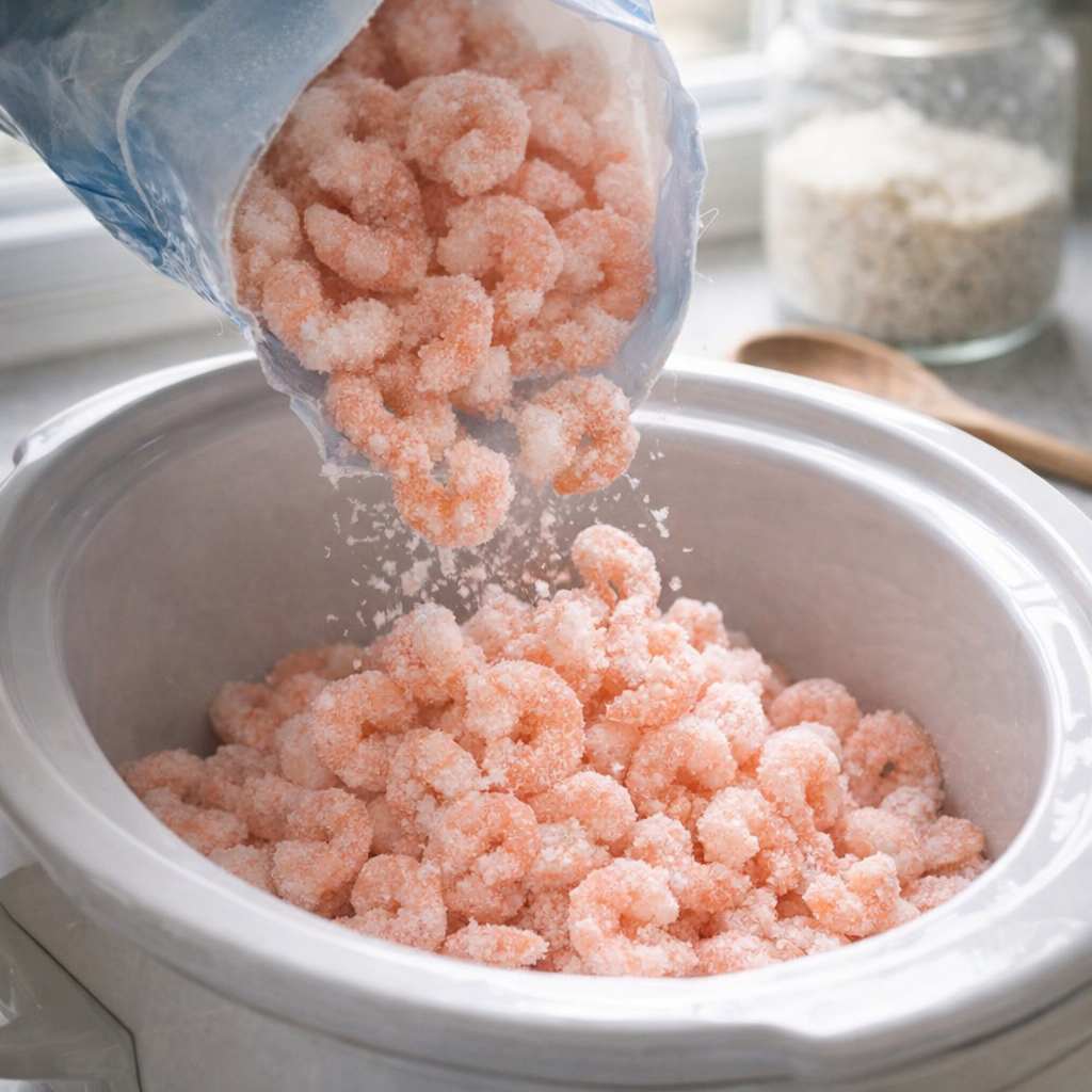 Frozen mini shrimp poured into a slow cooker insert