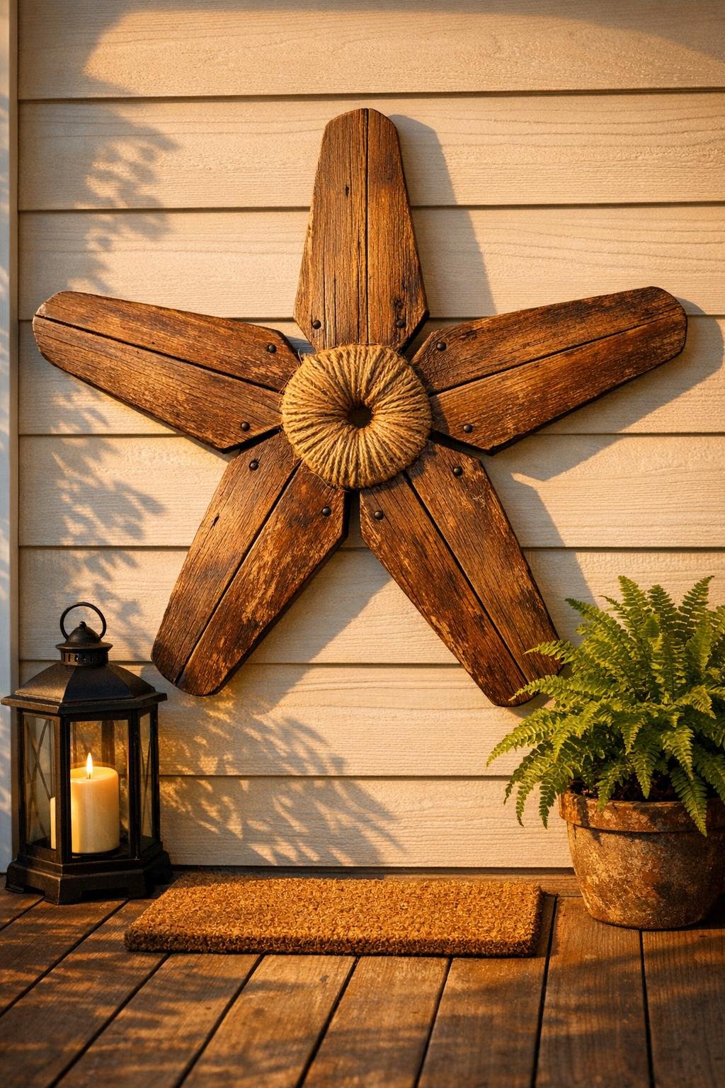 Finished wall star made from ceiling fan blades displayed on a porch wall
