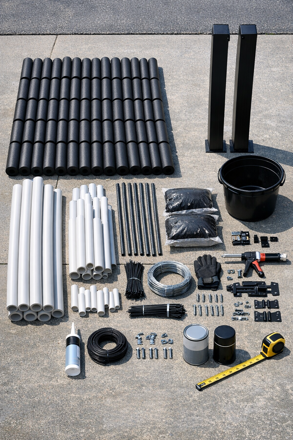 Pool noodles, mortar, paint, and gate-building supplies laid out together