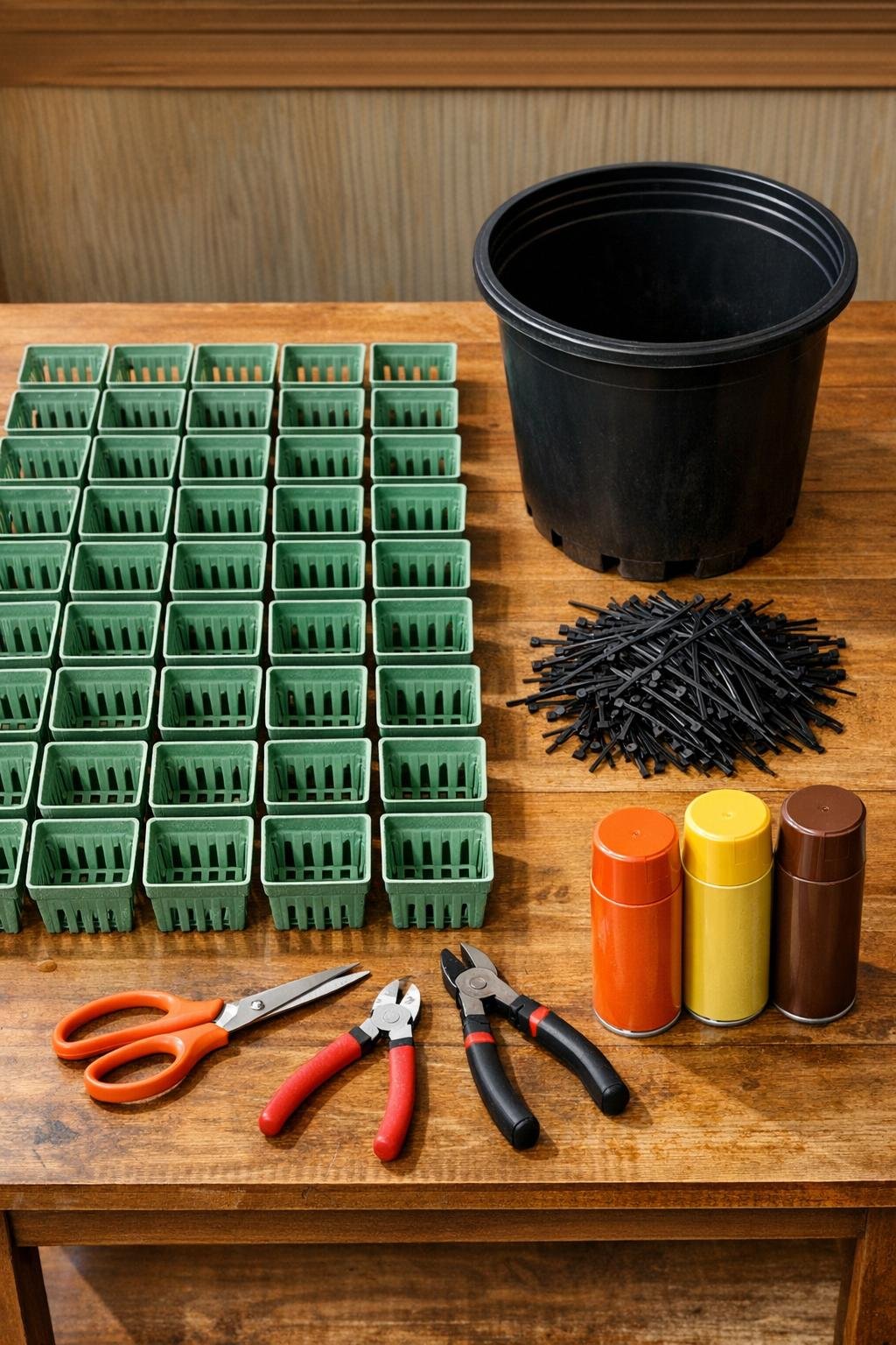 Plastic berry baskets, nursery pot, zip ties, scissors, wire cutters, and spray paint laid out on a table