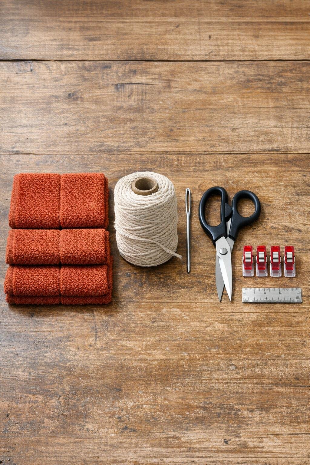 Materials for making a coiled washcloth bread basket laid out on a table