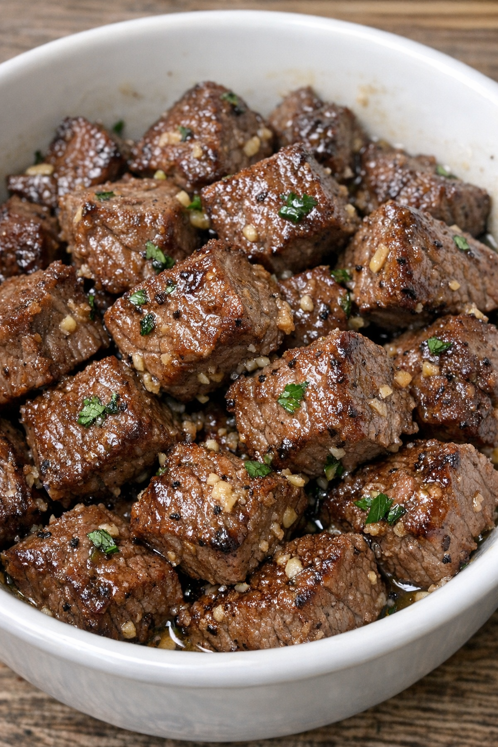 Oven baked beef steak bites in a white bowl