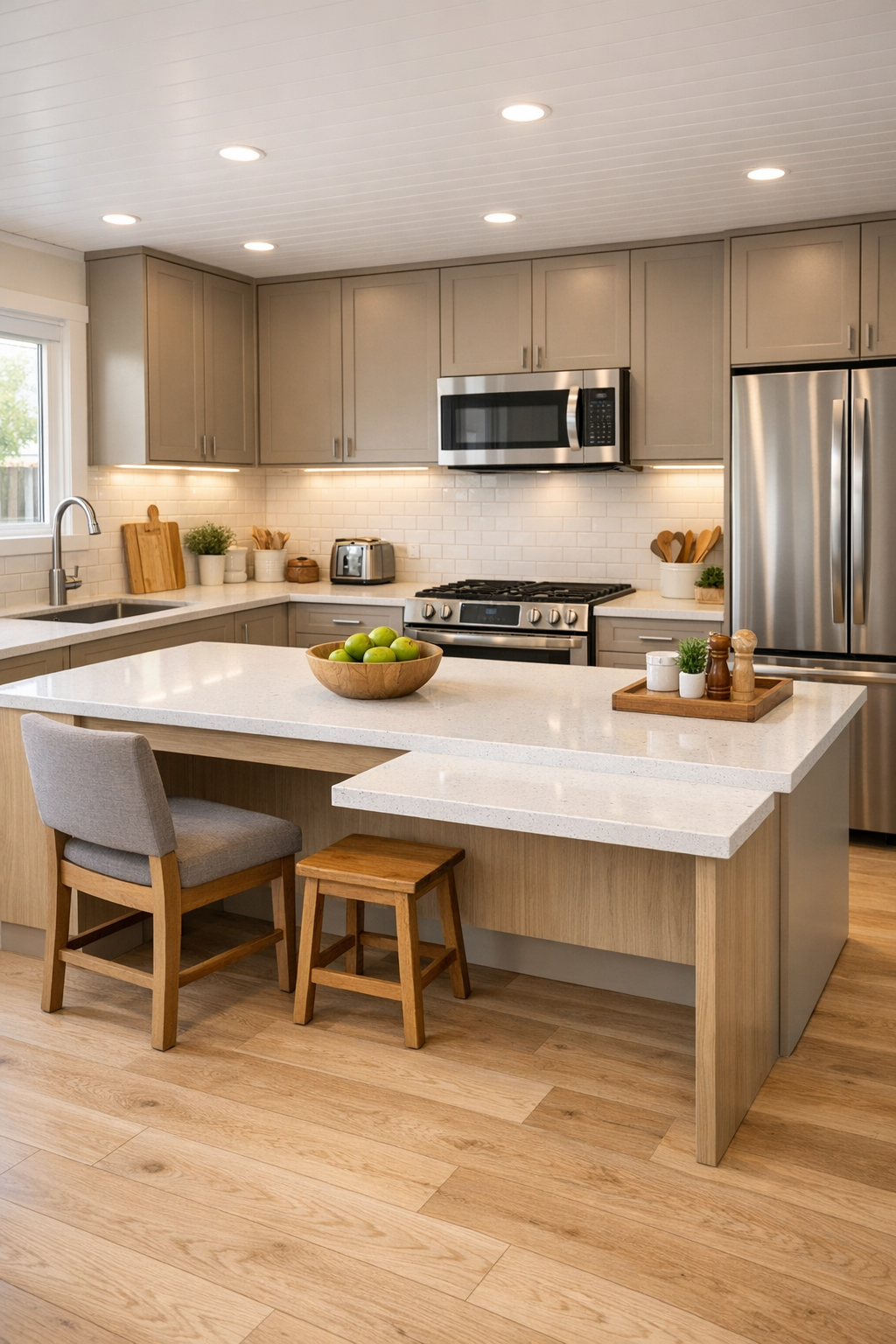 Accessible kitchen with greige cabinets, quartz counters, and a spacious island