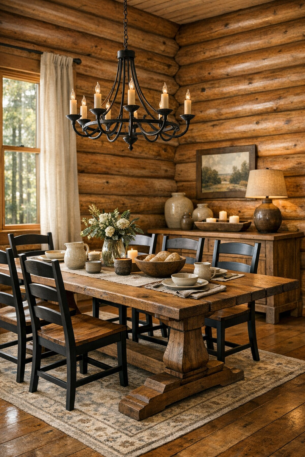Dining room with a solid wood trestle table, Amish-inspired chairs, and wrought-iron chandelier