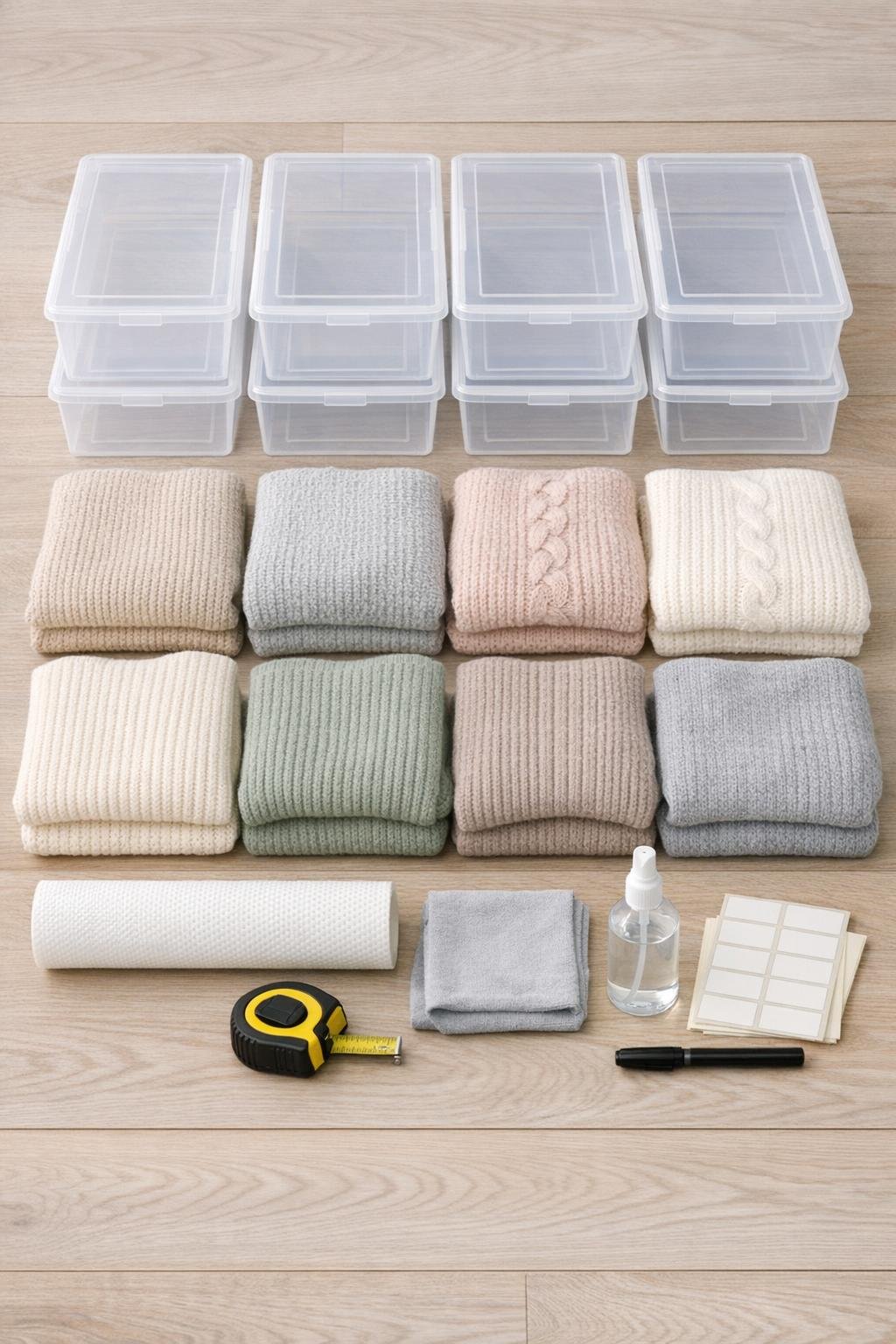 Clear shoe boxes, folded sweaters, shelf liner, labels, and cleaning supplies laid out for the project