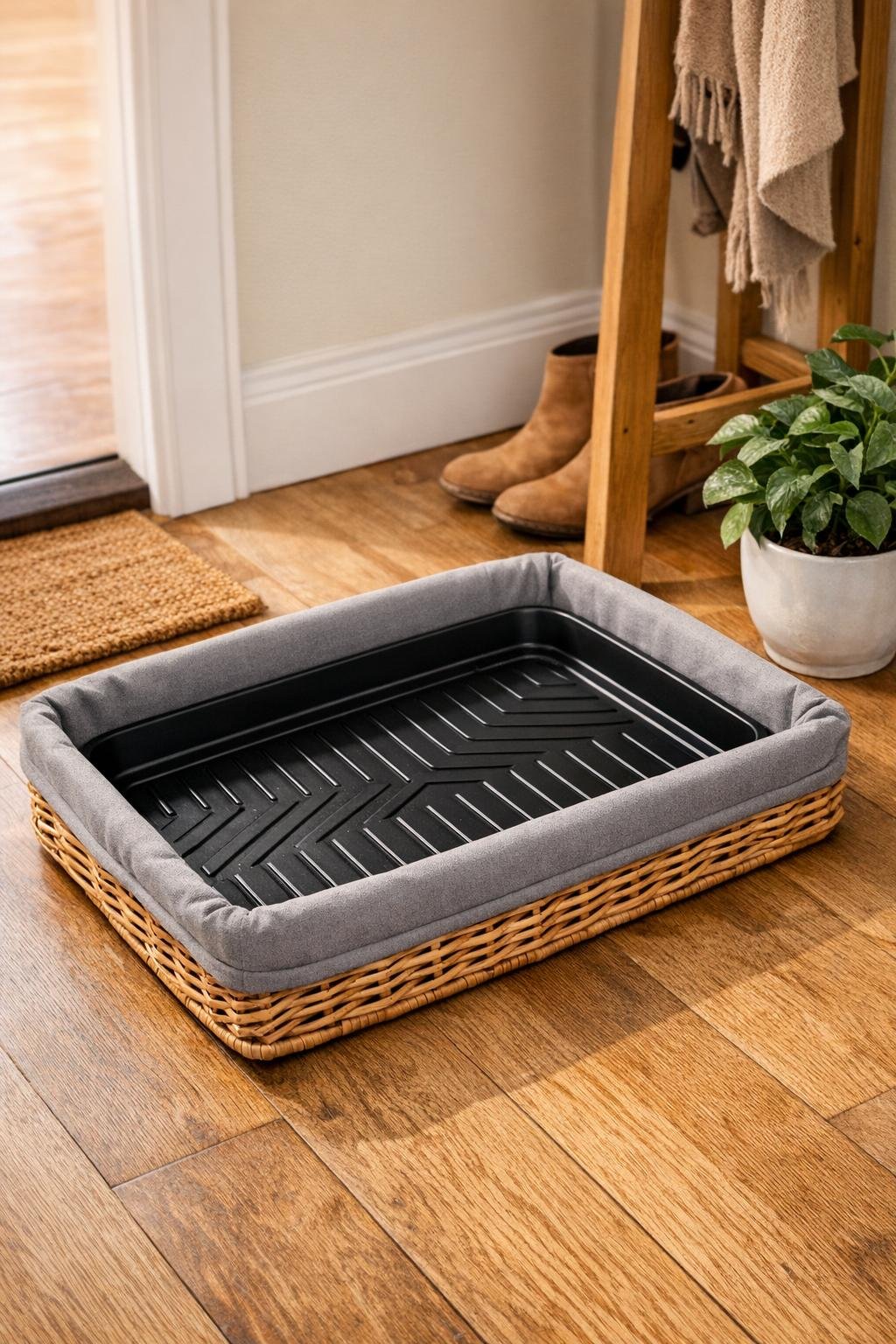Finished wicker basket shoe tray styled in an entryway