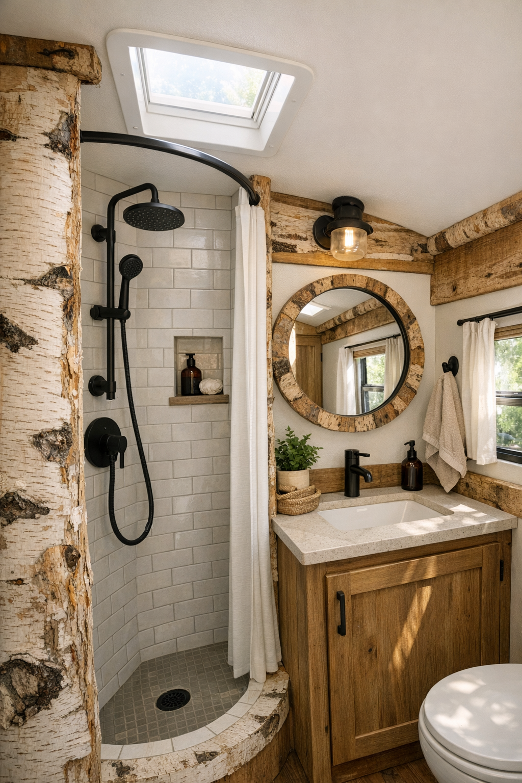 Compact bus bathroom with light shower tile, birch trim, and black fixtures
