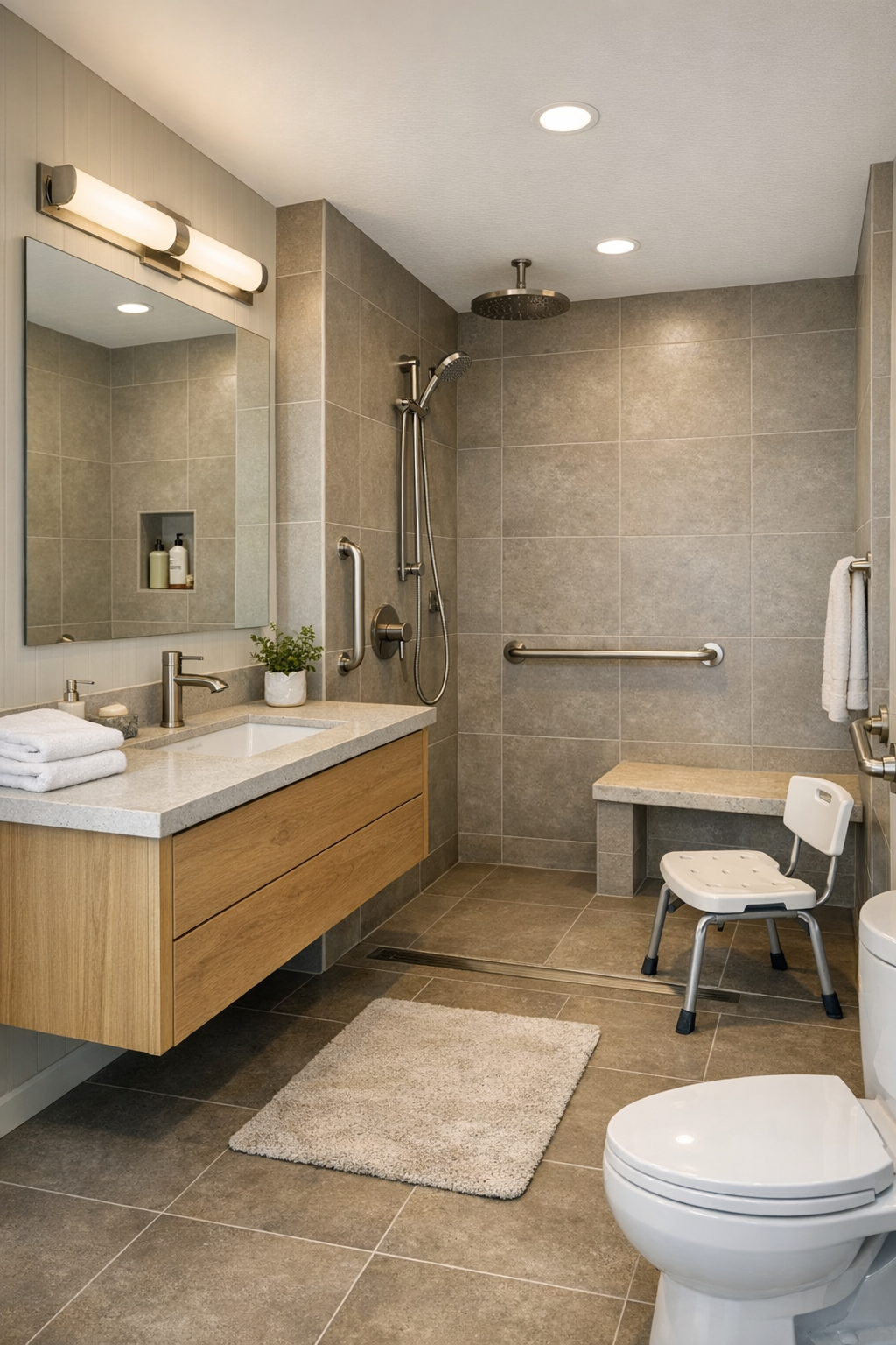 Spa-like bathroom with curbless shower, light wood vanity, and warm stone finishes