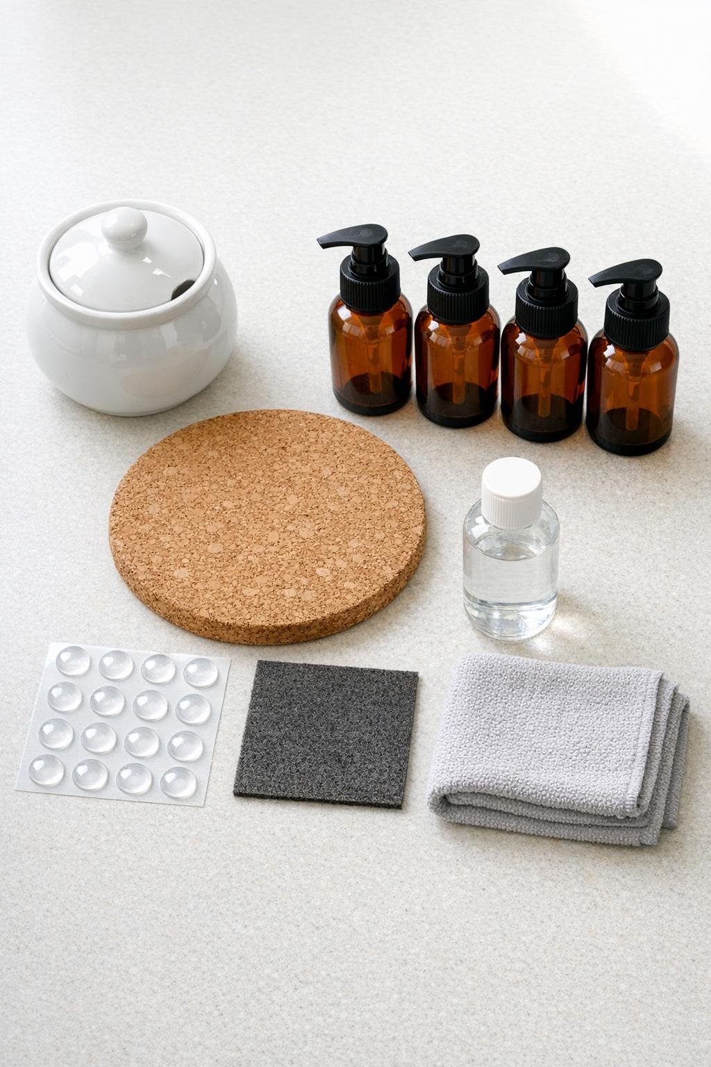 Materials for a bathroom hand cream station laid out together