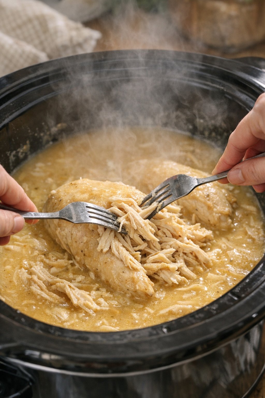 Tender chicken being shredded in the slow cooker
