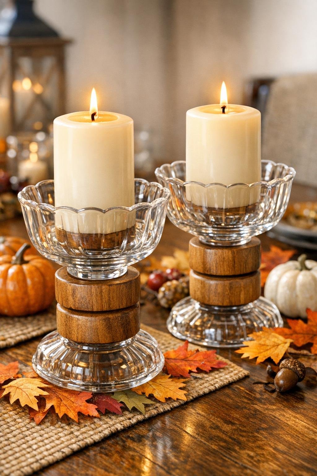 Finished autumn candle pedestals on a fall dining table