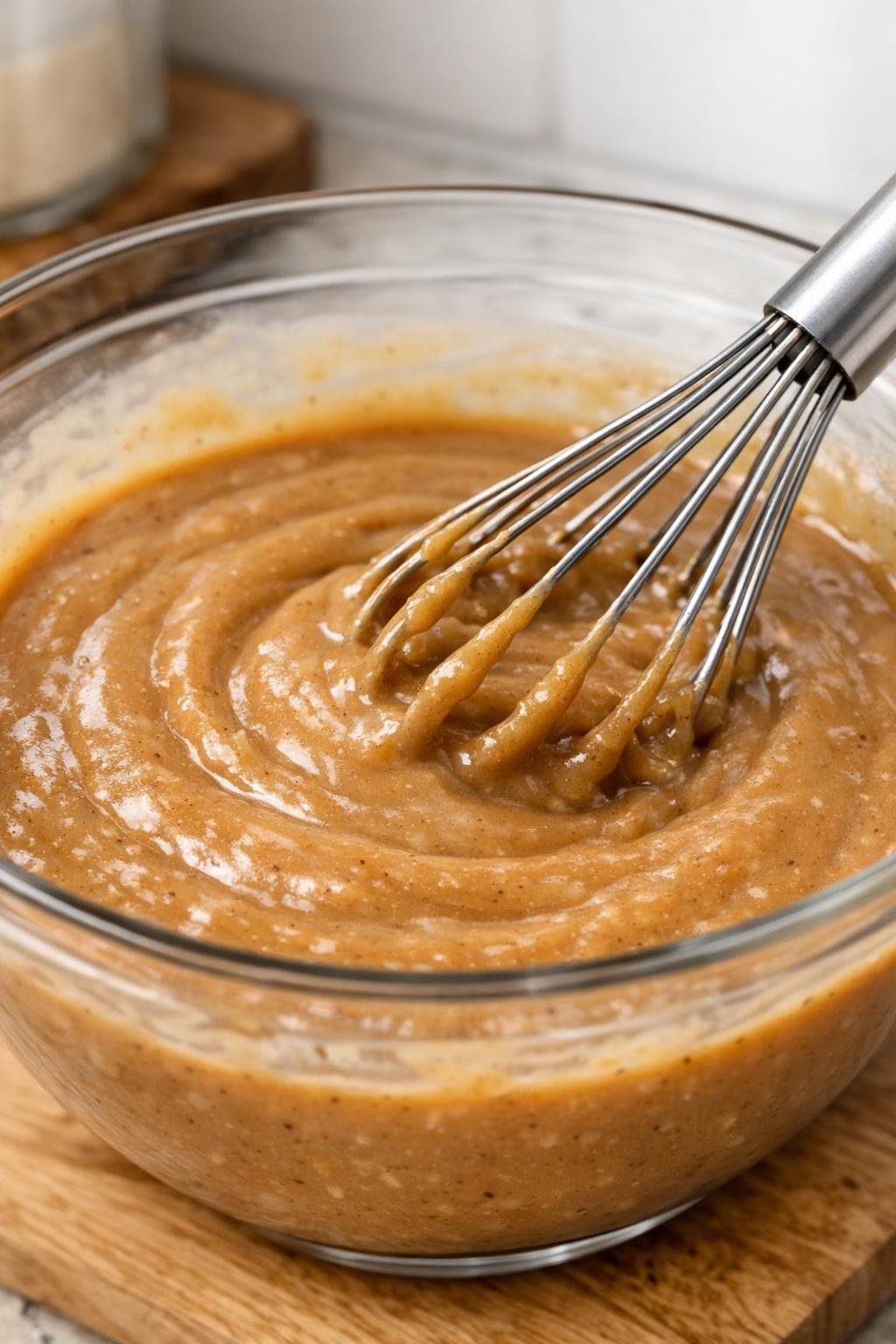 Gravy mixture being whisked in a bowl