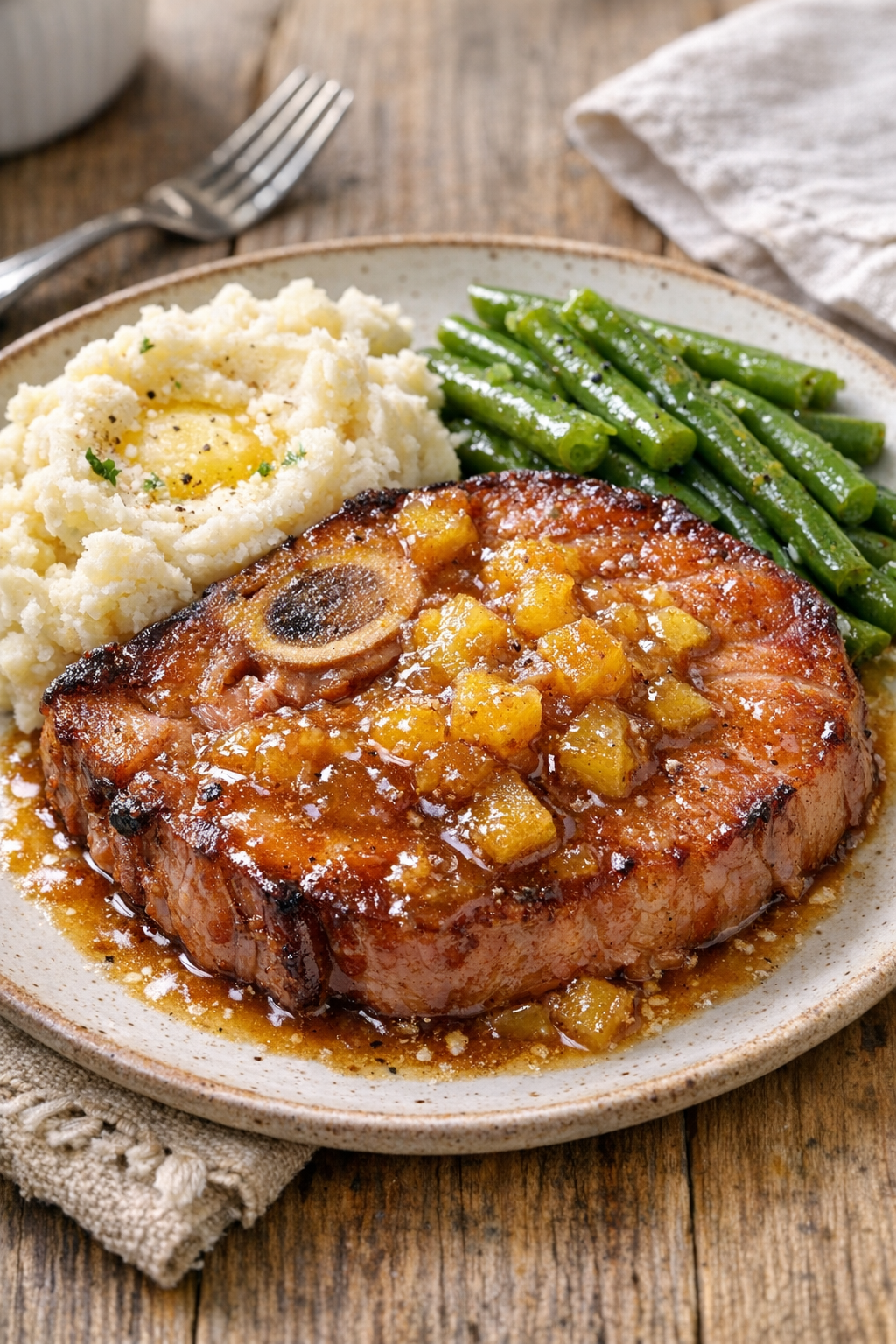 Plated slow cooker ham steaks with sauce and sides