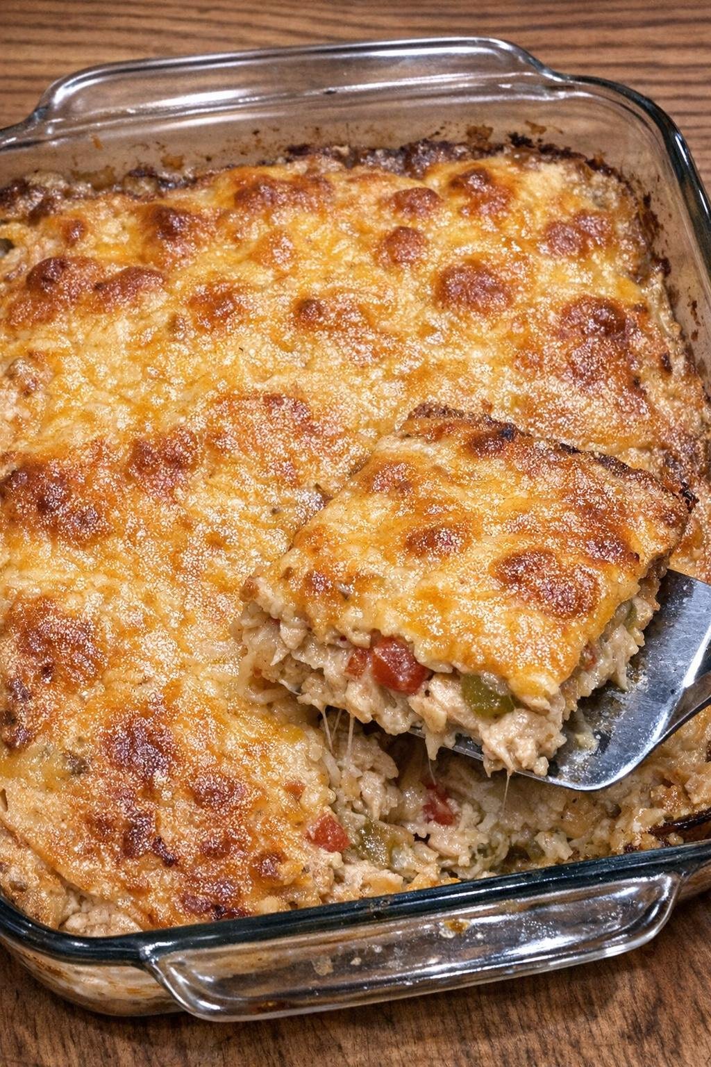 Baked King Ranch chicken casserole with one piece lifted