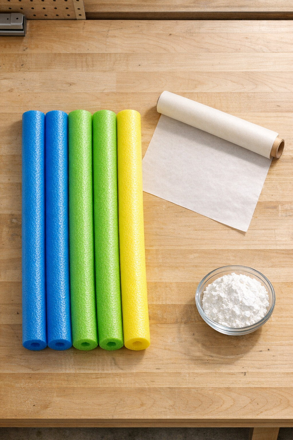Pool noodles, parchment paper, and cornstarch arranged for the project