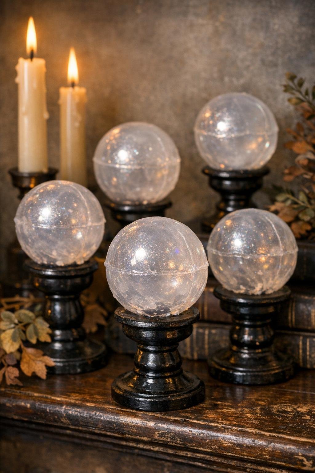 Finished mini witch crystal balls displayed as Halloween decor