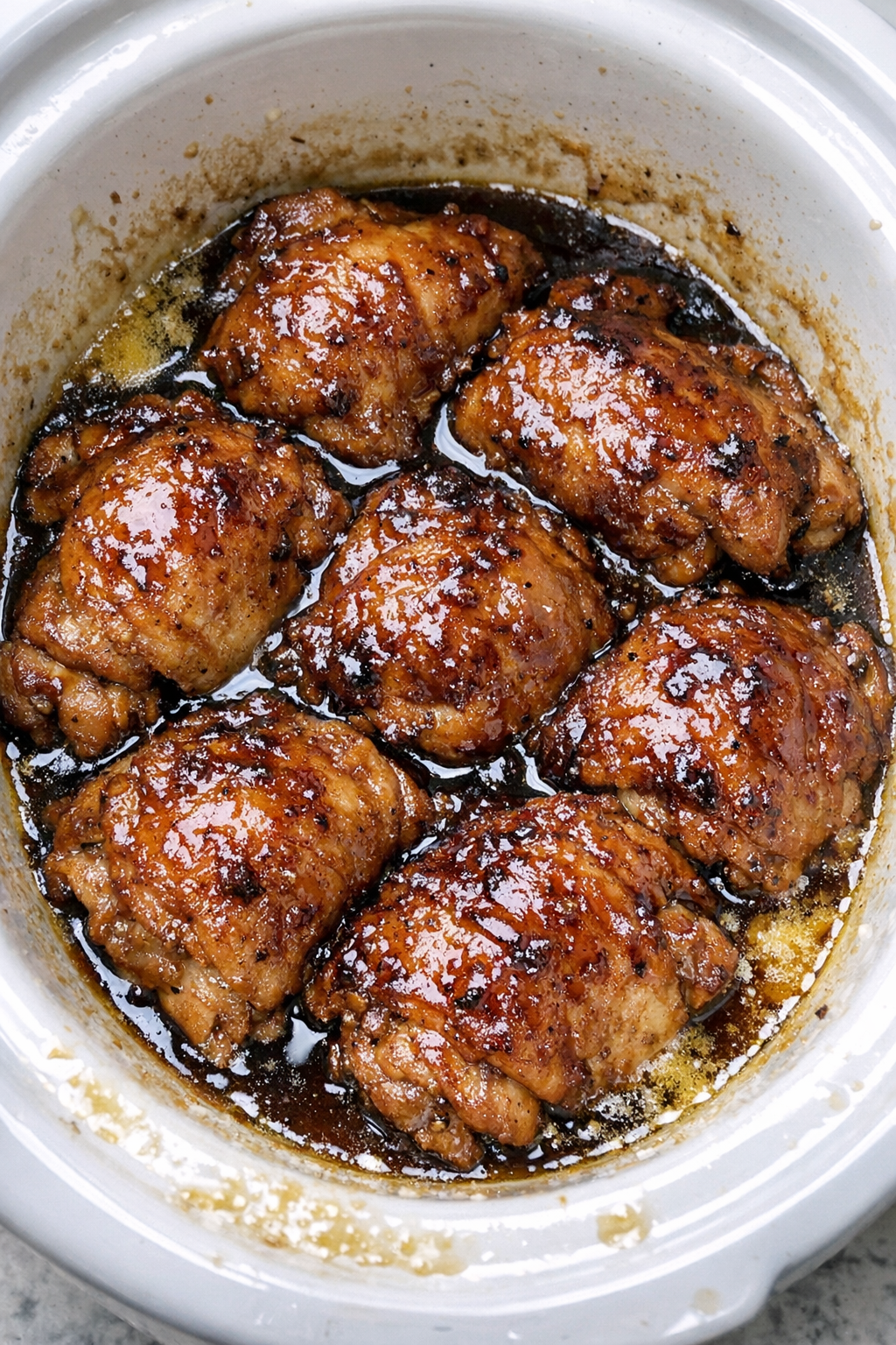 Slow cooker maple butter chicken in a white slow cooker