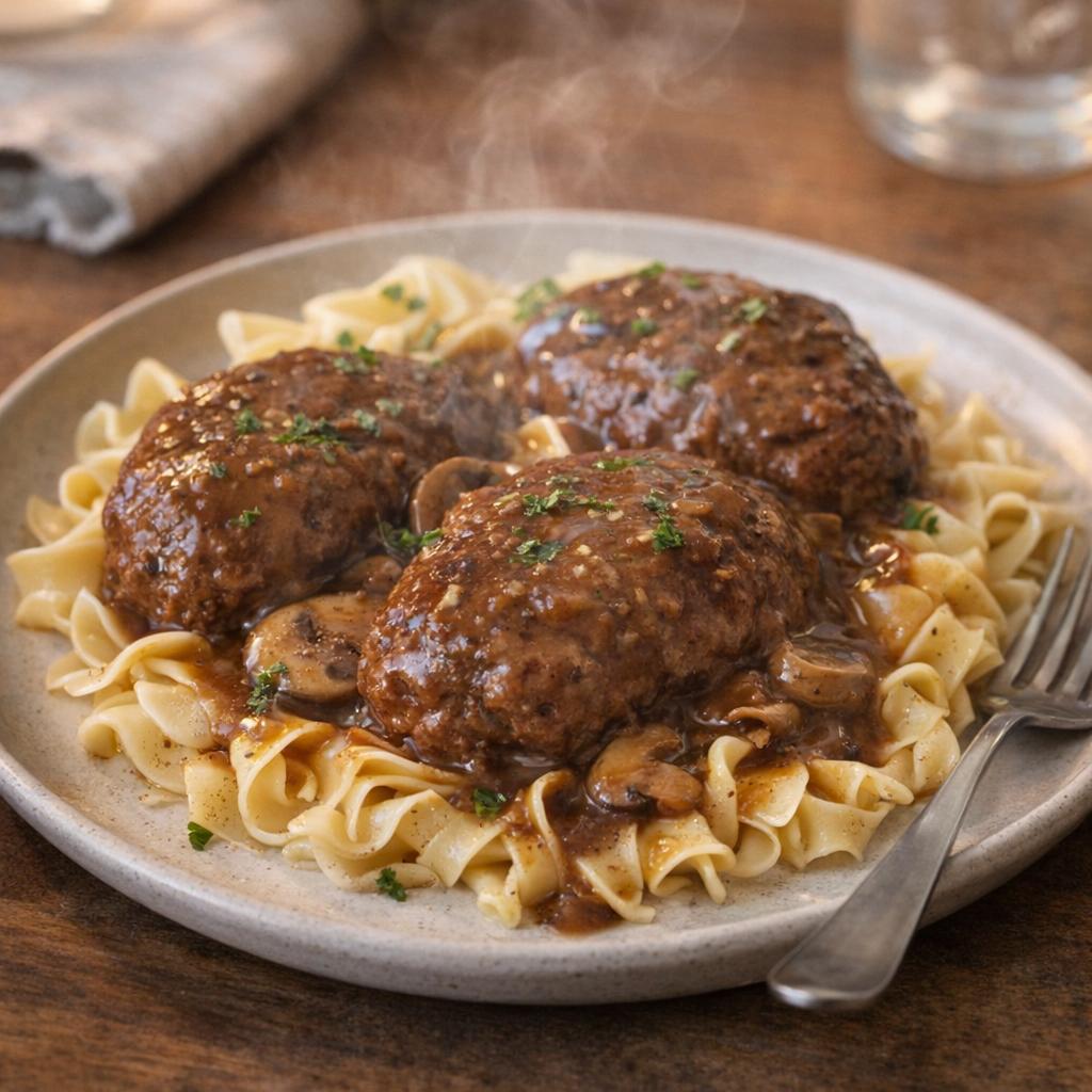 Leftover Salisbury steak reheated with gravy and noodles