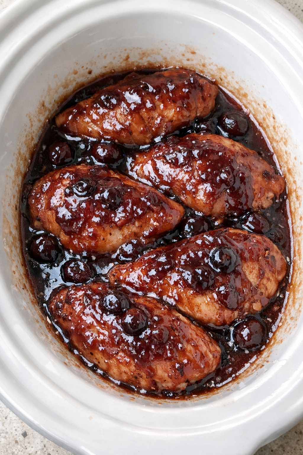 Slow cooker cherry chicken in a white slow cooker