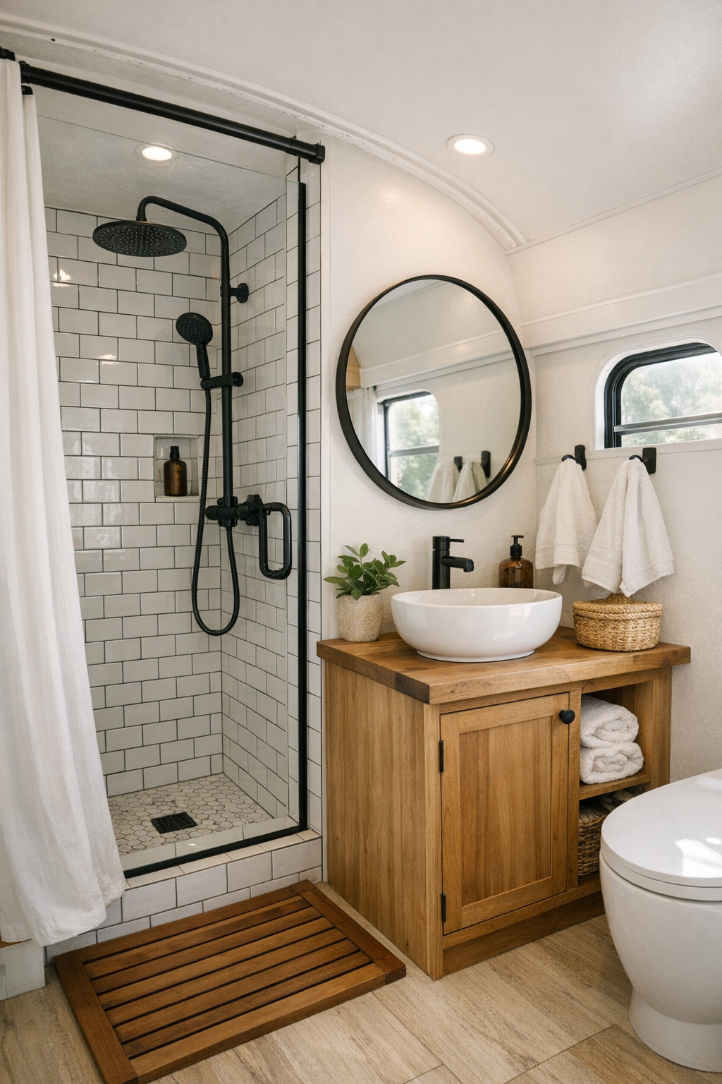 Compact bus bathroom with tiled shower, wood vanity, and black fixtures