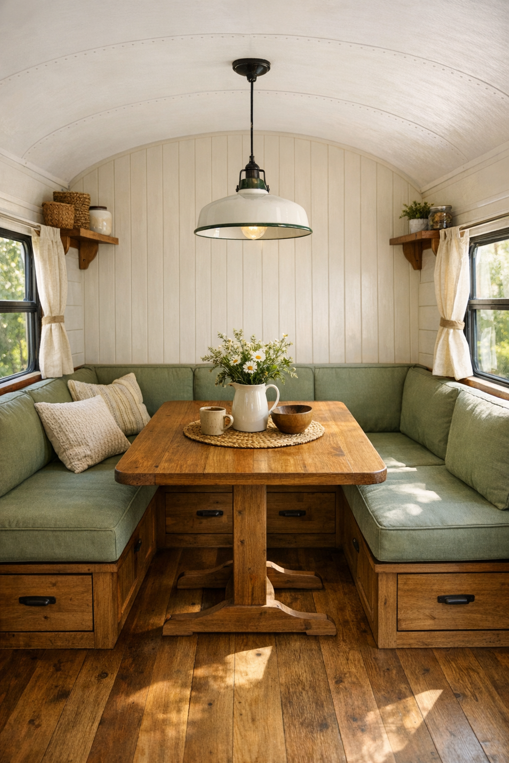 Cozy dining nook in a converted bus with sage green banquette and wood table