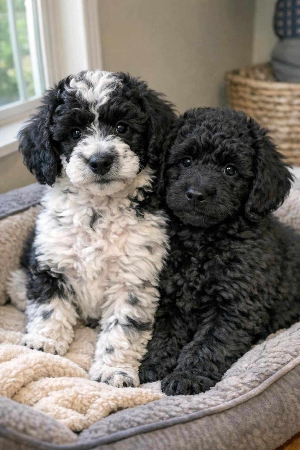 A black and white parti poodle puppy beside a solid black littermate on a dog bed