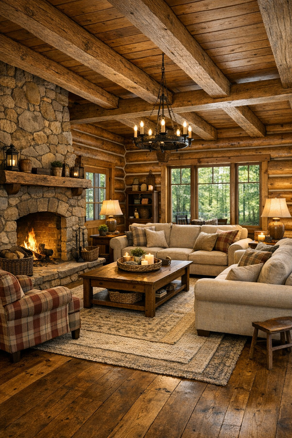 Warm log living room with stone fireplace and exposed beams
