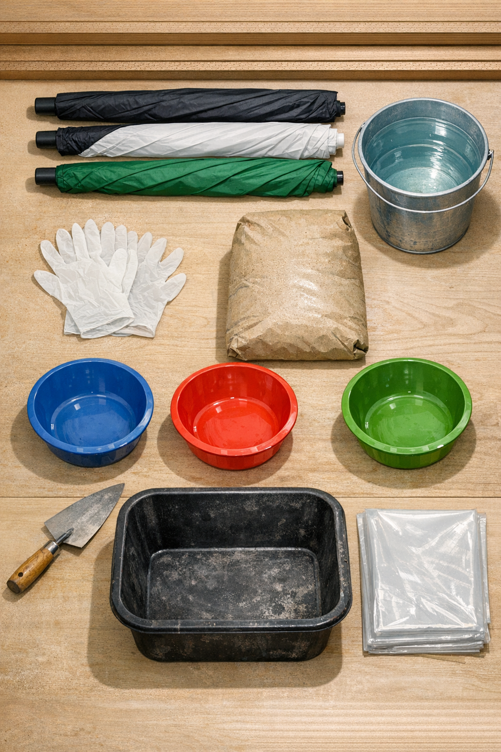 Materials laid out for making cement garden domes with nylon umbrellas