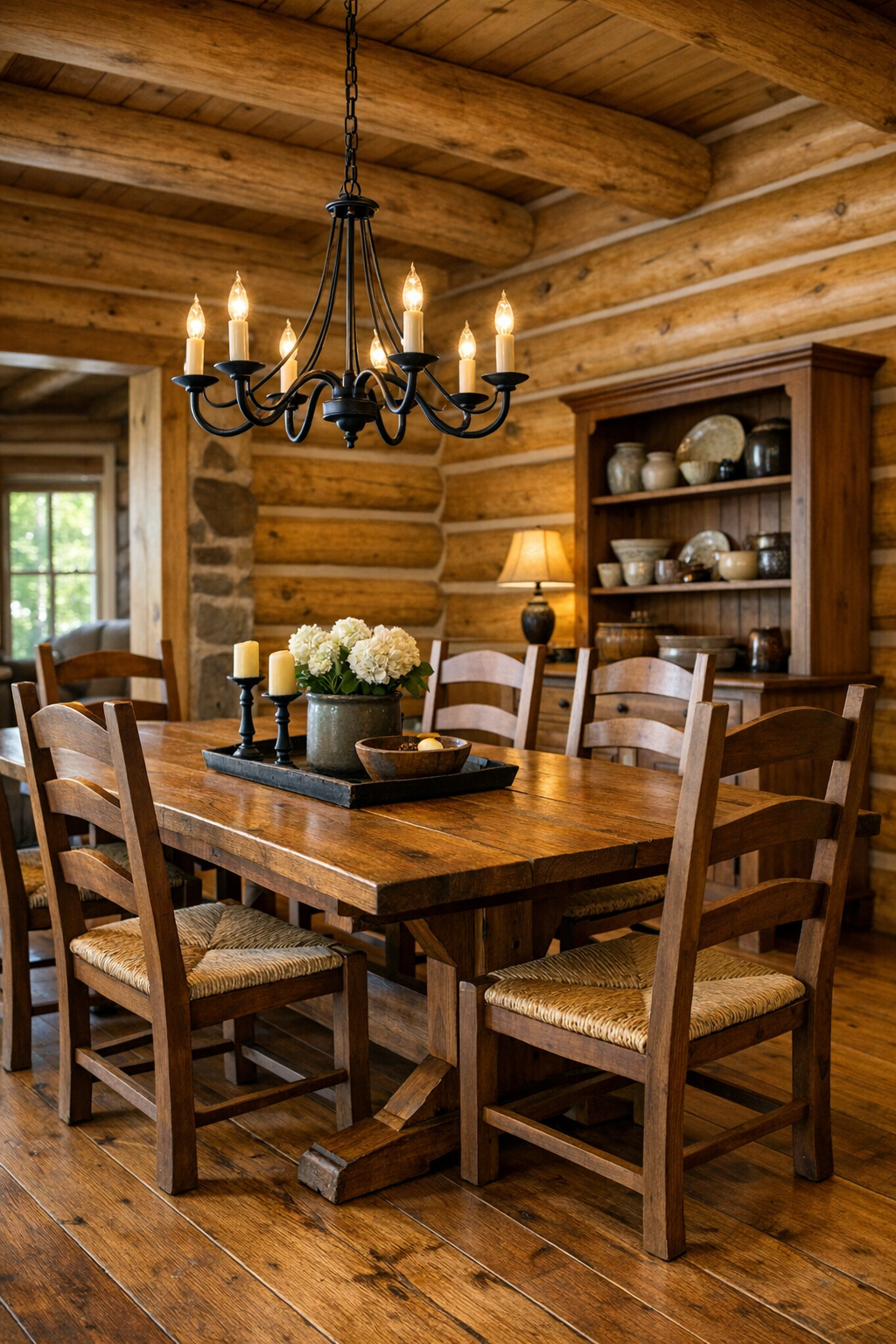 Rustic dining room with Amish trestle table, ladder-back chairs, and warm pine log walls