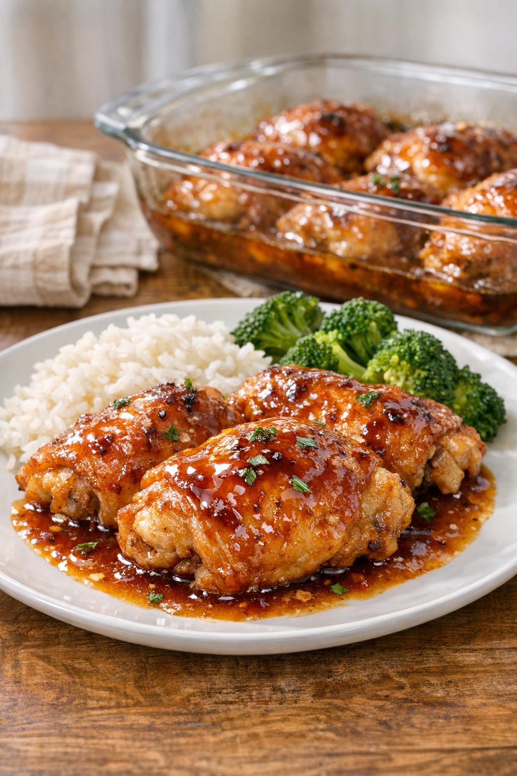 Finished party chicken plated with glossy sauce