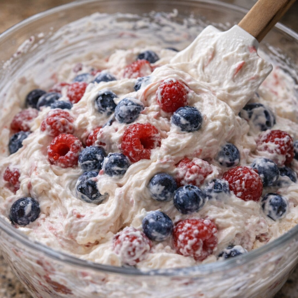 Berry-studded whipped cream being folded in a glass bowl
