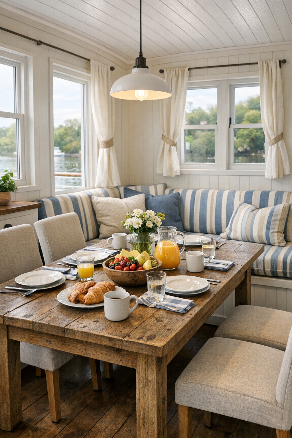 Warm cottage dining area with a wood table, banquette seating, and coastal blue accents