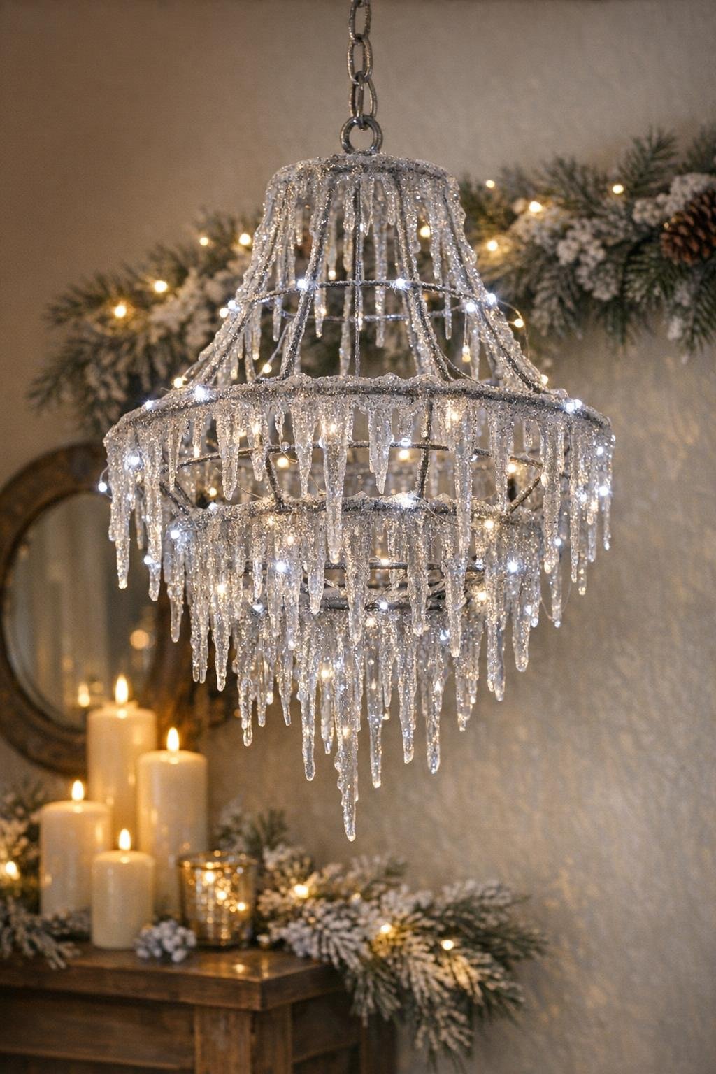 Finished frozen icicle chandelier hanging indoors