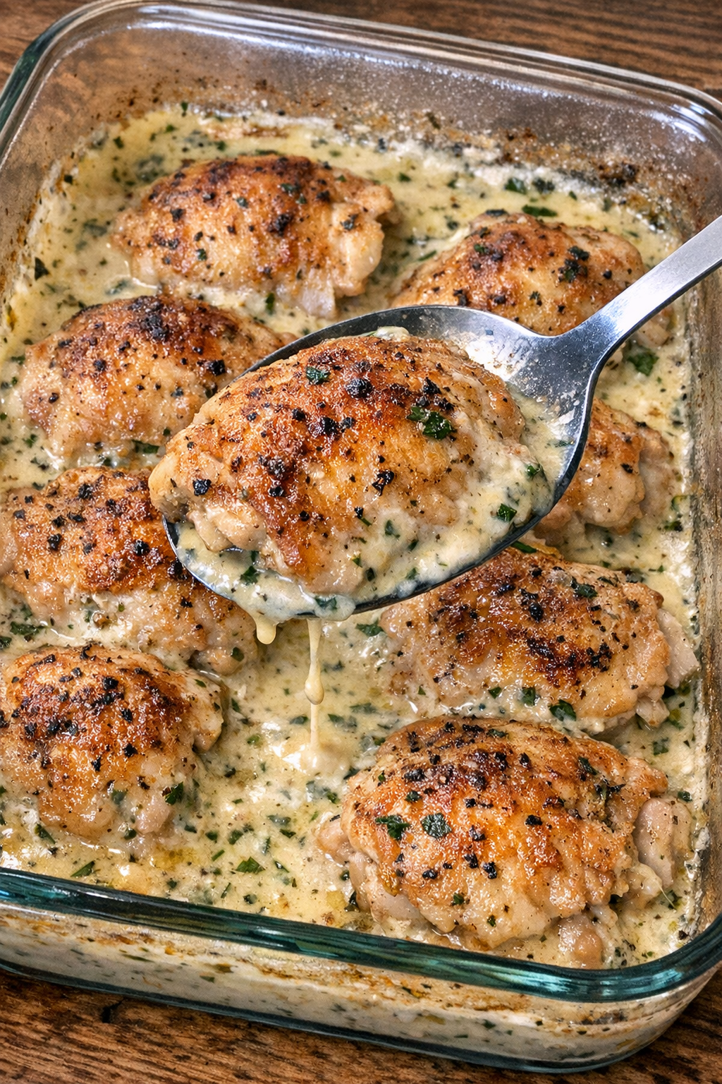 Bronzed chicken thighs in creamy herb sauce in a rectangular baking dish