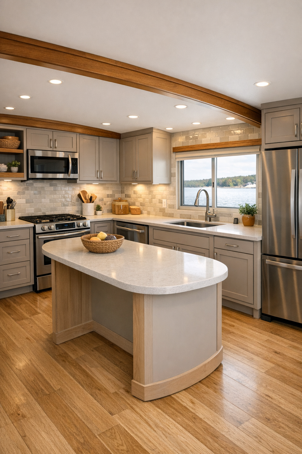Accessible kitchen with mushroom-toned cabinetry, quartz counters, and compact island