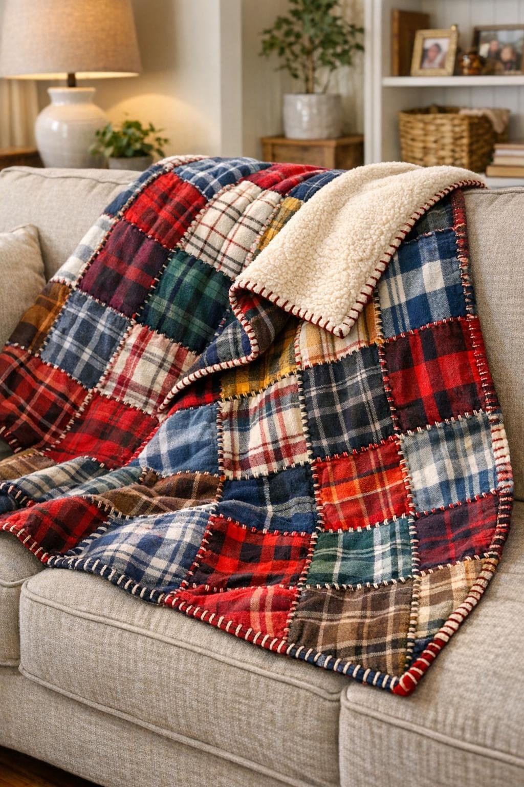 Finished patchwork flannel throw blanket draped over a couch