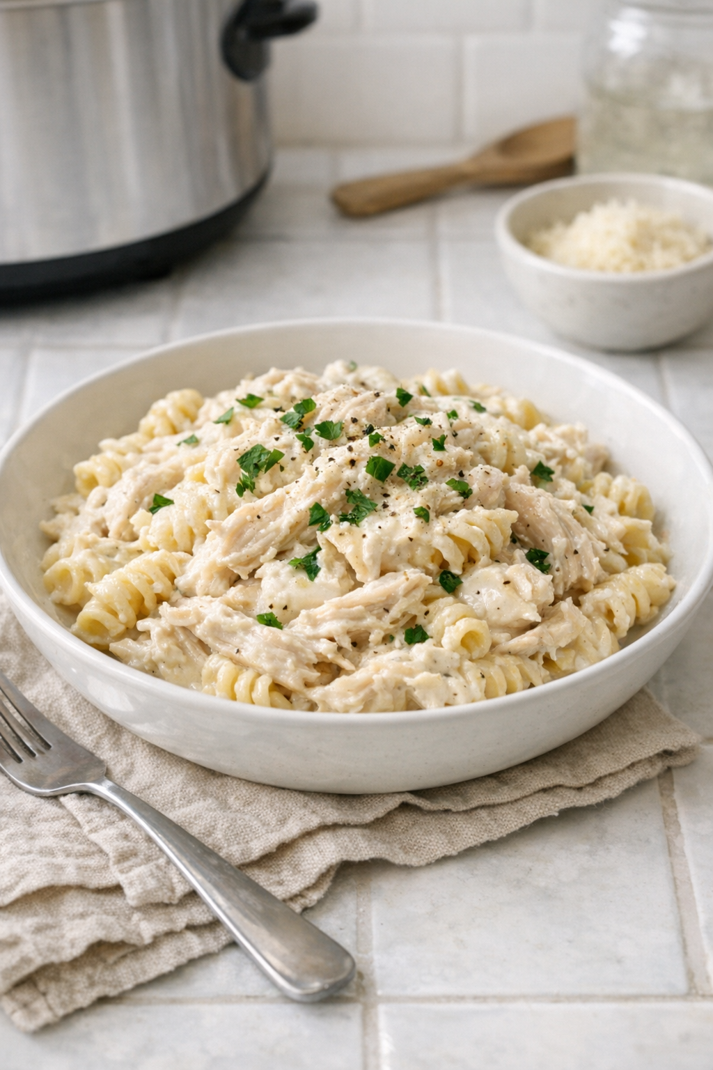 Creamy chicken pasta plated in a shallow bowl