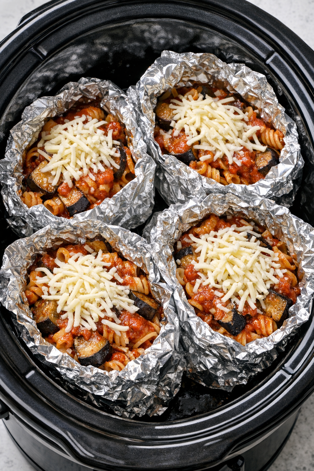 Cooked packets opened and topped with mozzarella