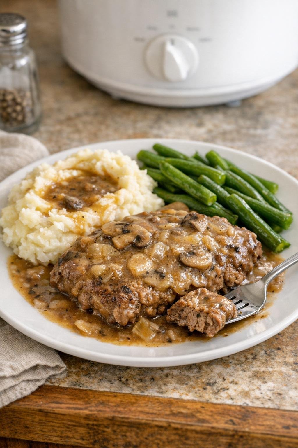 Finished smothered cube steak plated with gravy