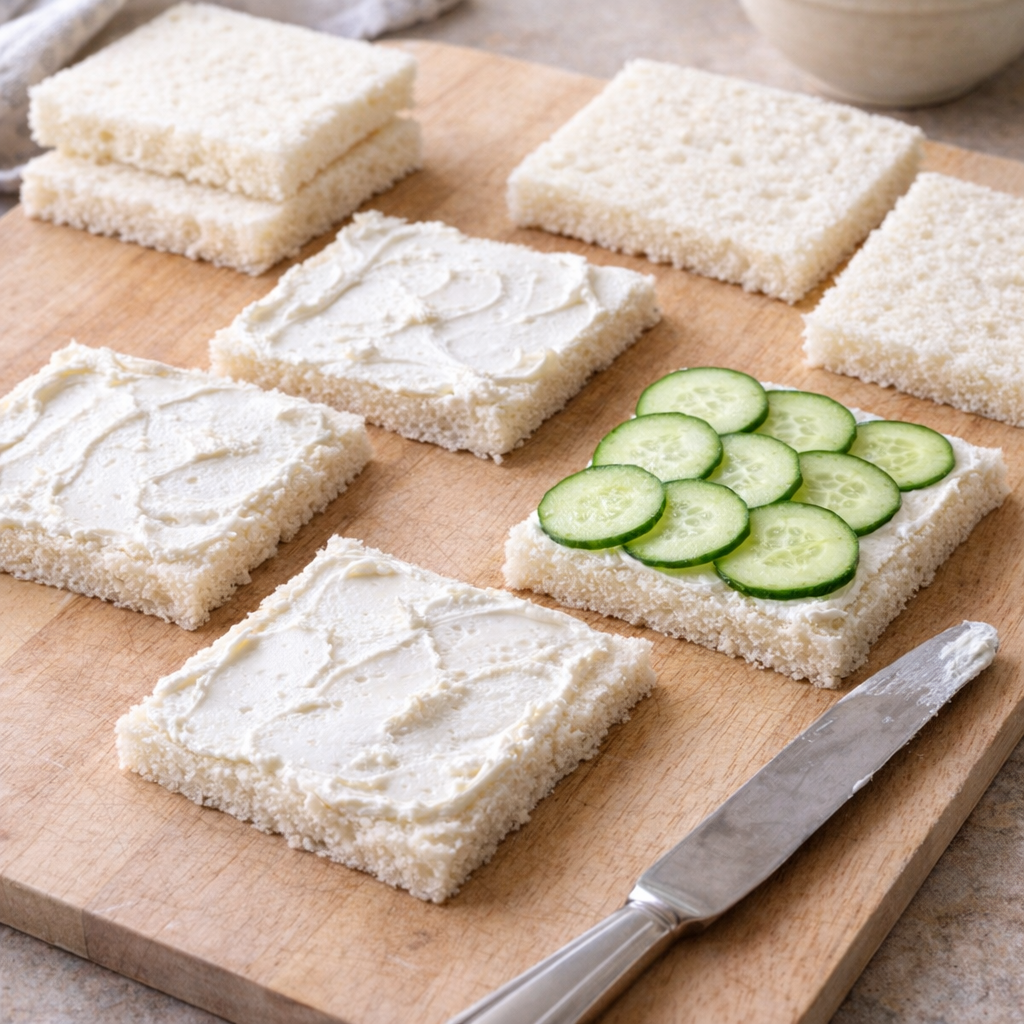 Bread slices topped with cream cheese and cucumber rounds