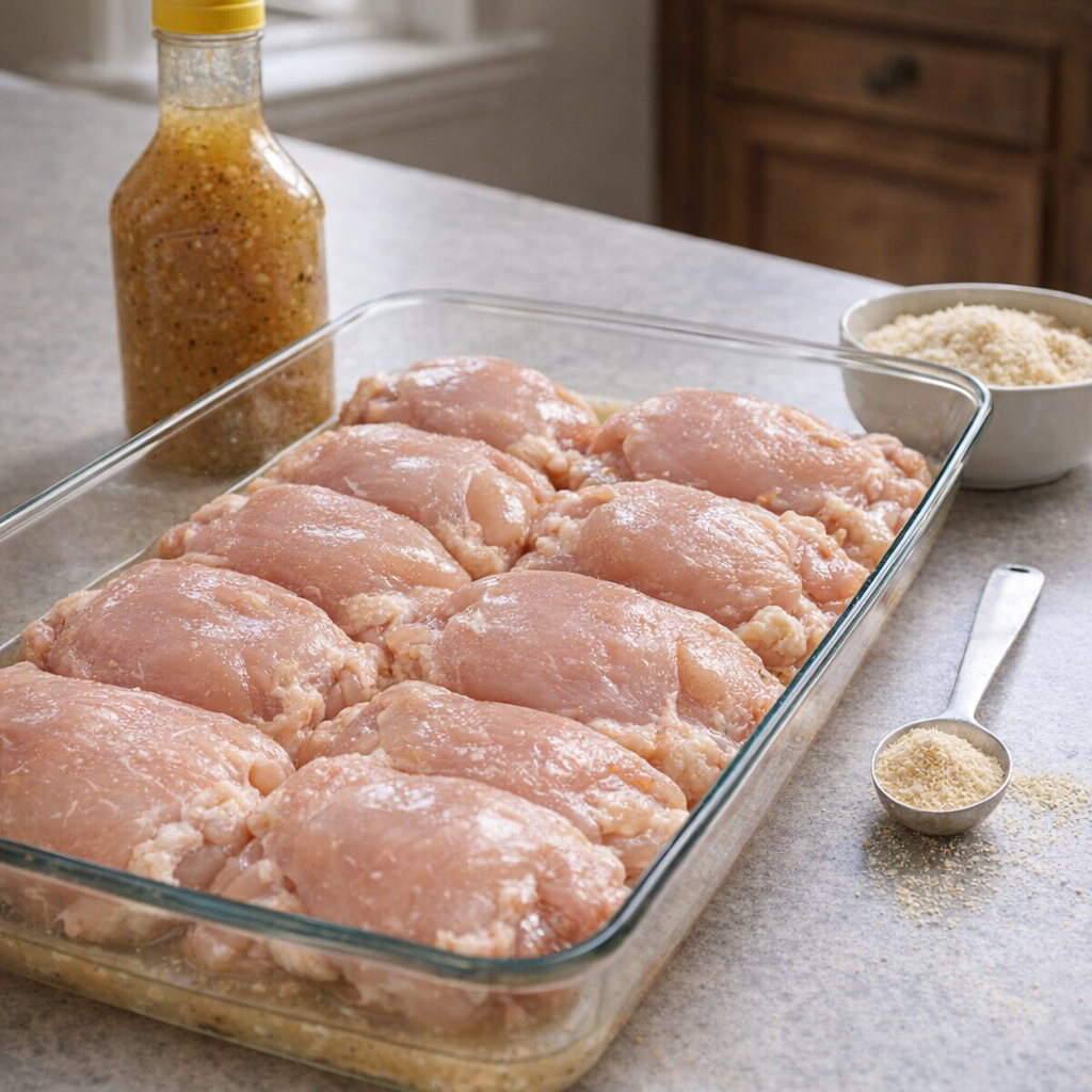 Simple chicken thigh ingredients arranged on a kitchen counter