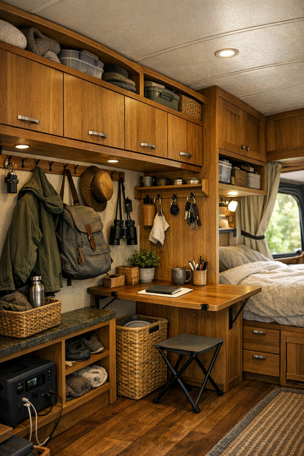 Built-in storage and utility area with hooks, cabinets, and a fold-down desk inside a converted bus