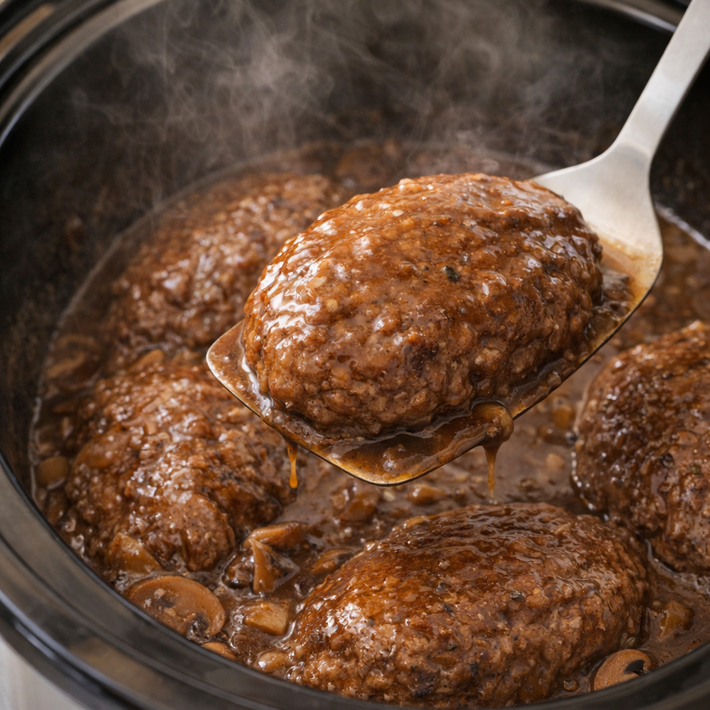 Cooked Salisbury steak patties in thick gravy inside the slow cooker