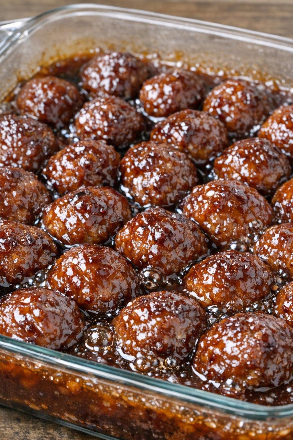 Southern 3-ingredient grape jelly meatballs in a glass casserole dish