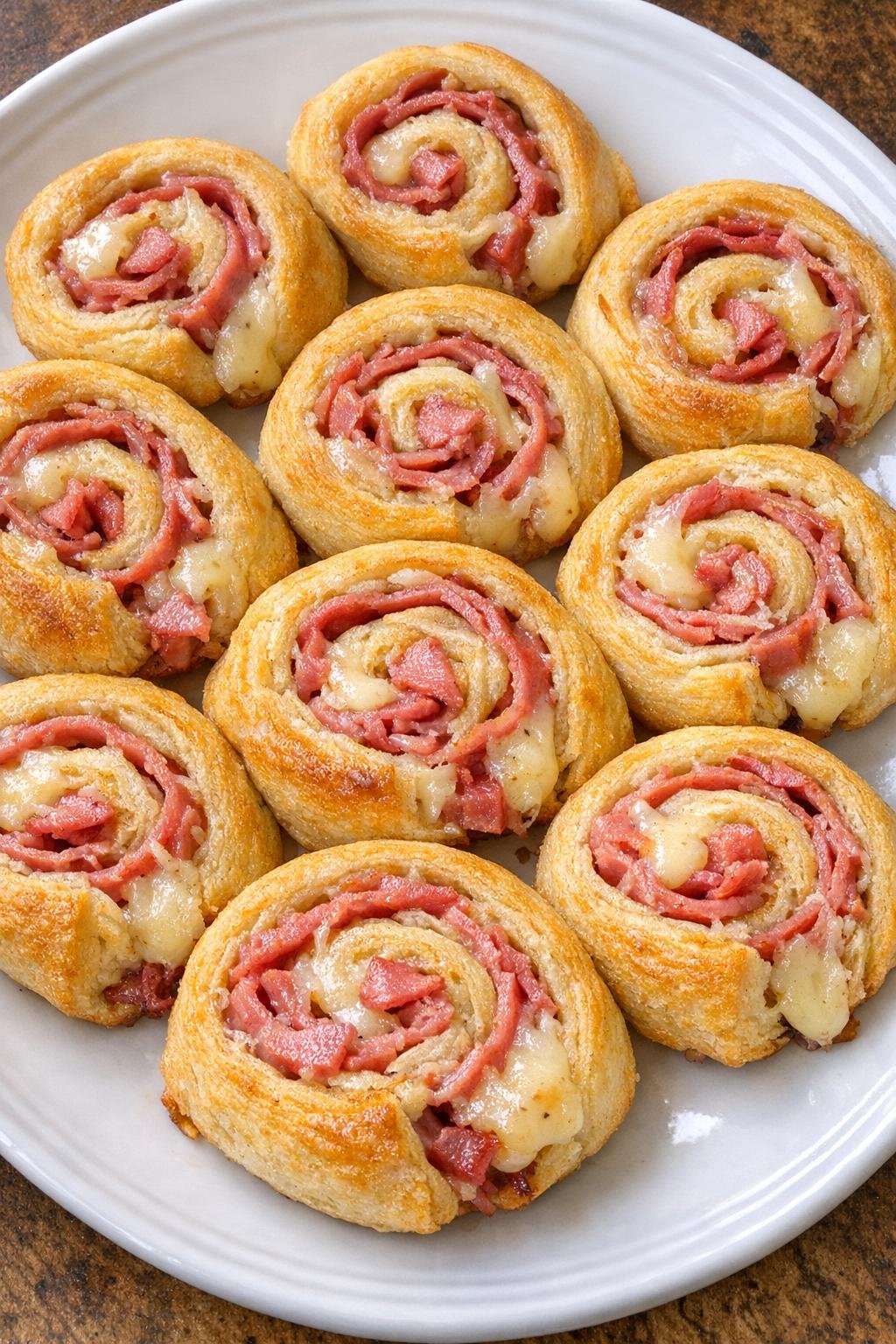 Golden crescent pinwheels with corned beef and raclette on a white platter
